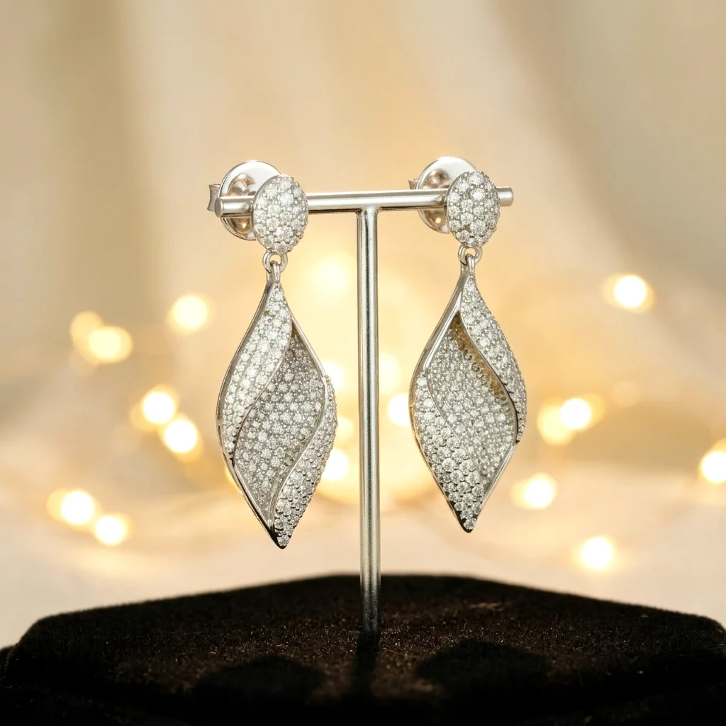 Glittering leaf charm earrings – lab-grown diamond earrings